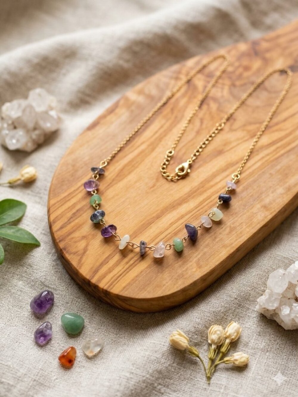 Gold Tone Colorful Faux Gemstone Chip Bead Necklace Boho